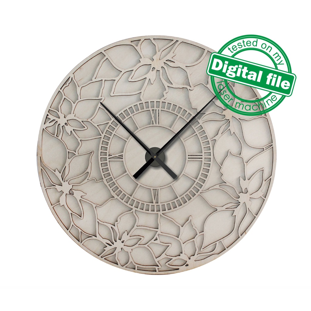 DXF, SVG files for laser Unique Modern Wall Round clock, flexible plywood, Glowforge ready, Flower clock face, Material 1/8'' (3.2 mm)