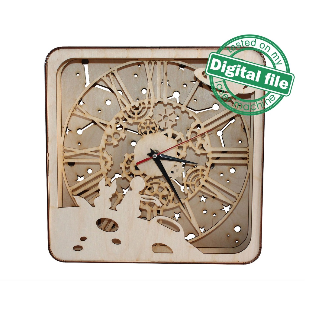 DXF, SVG files for laser Unique clock Little Prince, Glowforge, Material thickness 1/8 inch (3.2 mm), Light decor, Layered Ornament pattern