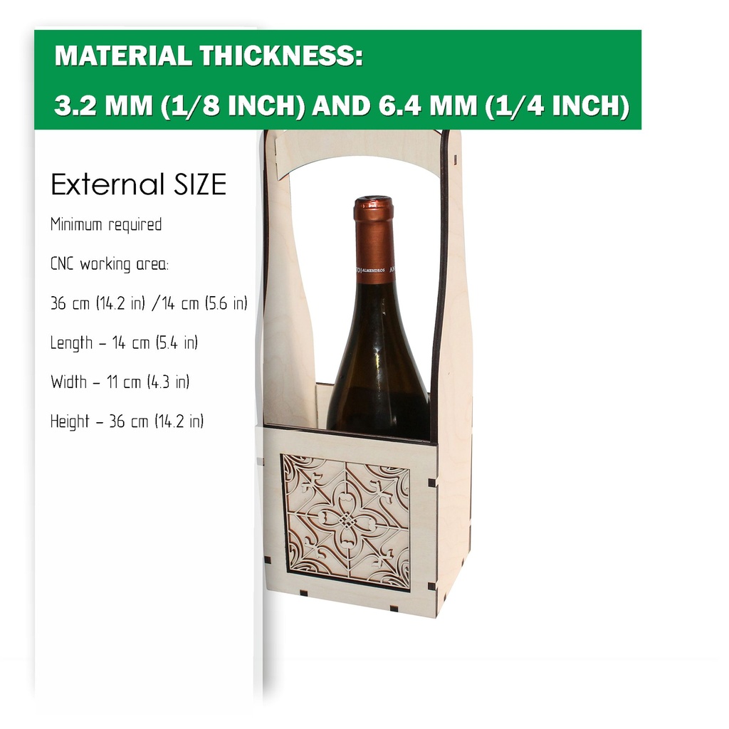 DXF, SVG files for laser Wine Caddy, Wine holder box, Vector project, Glowforge, Two Different Material thickness 1/8 inch (3,2 mm) and 1/4 inch (6,4 mm)