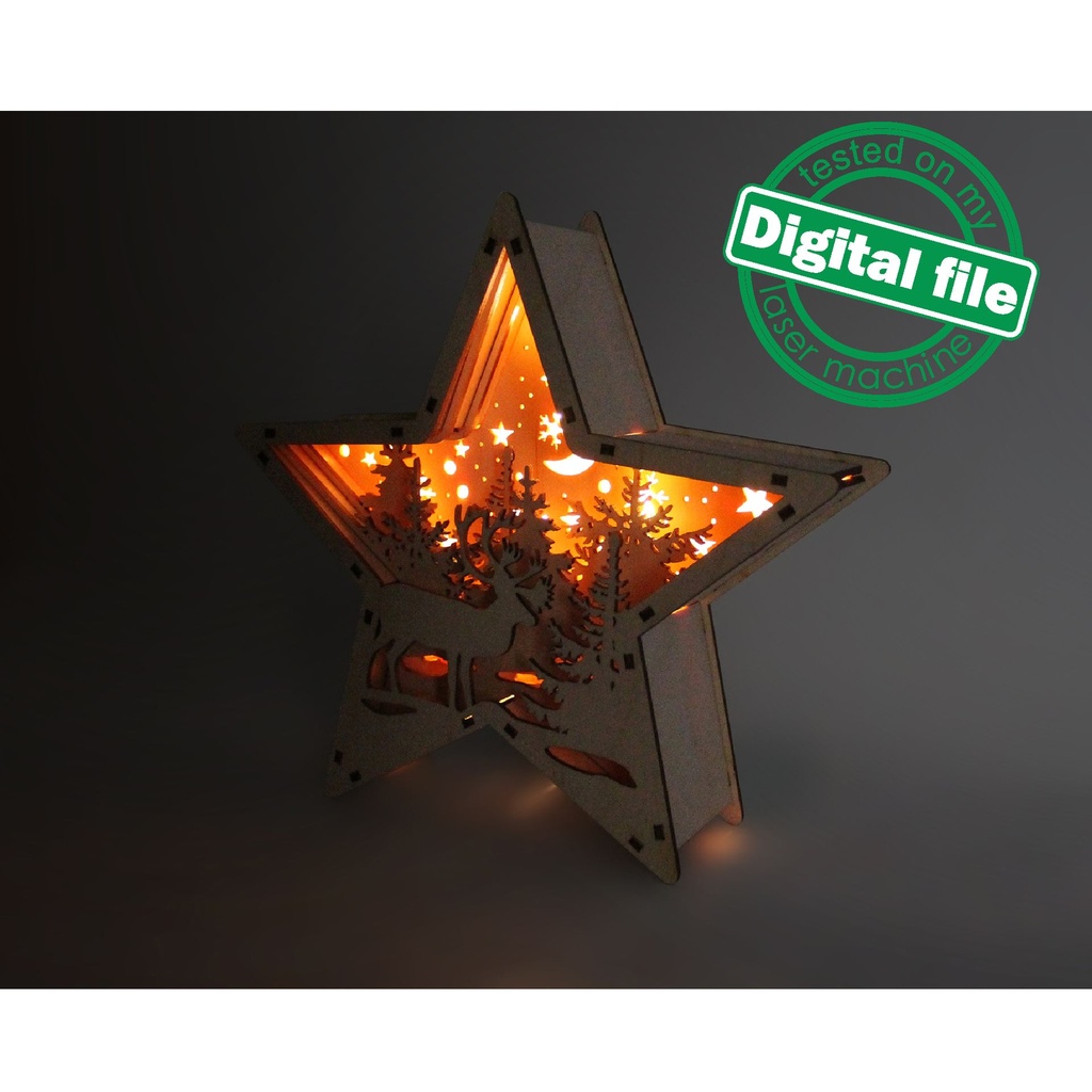 DXF, SVG files for laser Winter Wonderland Deer Star Shadow Box, Light-up Ornament, Glowforge, Material thickness 1/8 inch (3.2 mm)