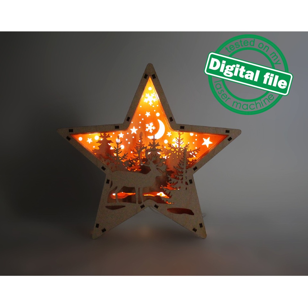 DXF, SVG files for laser Winter Wonderland Deer Star Shadow Box, Light-up Ornament, Glowforge, Material thickness 1/8 inch (3.2 mm)