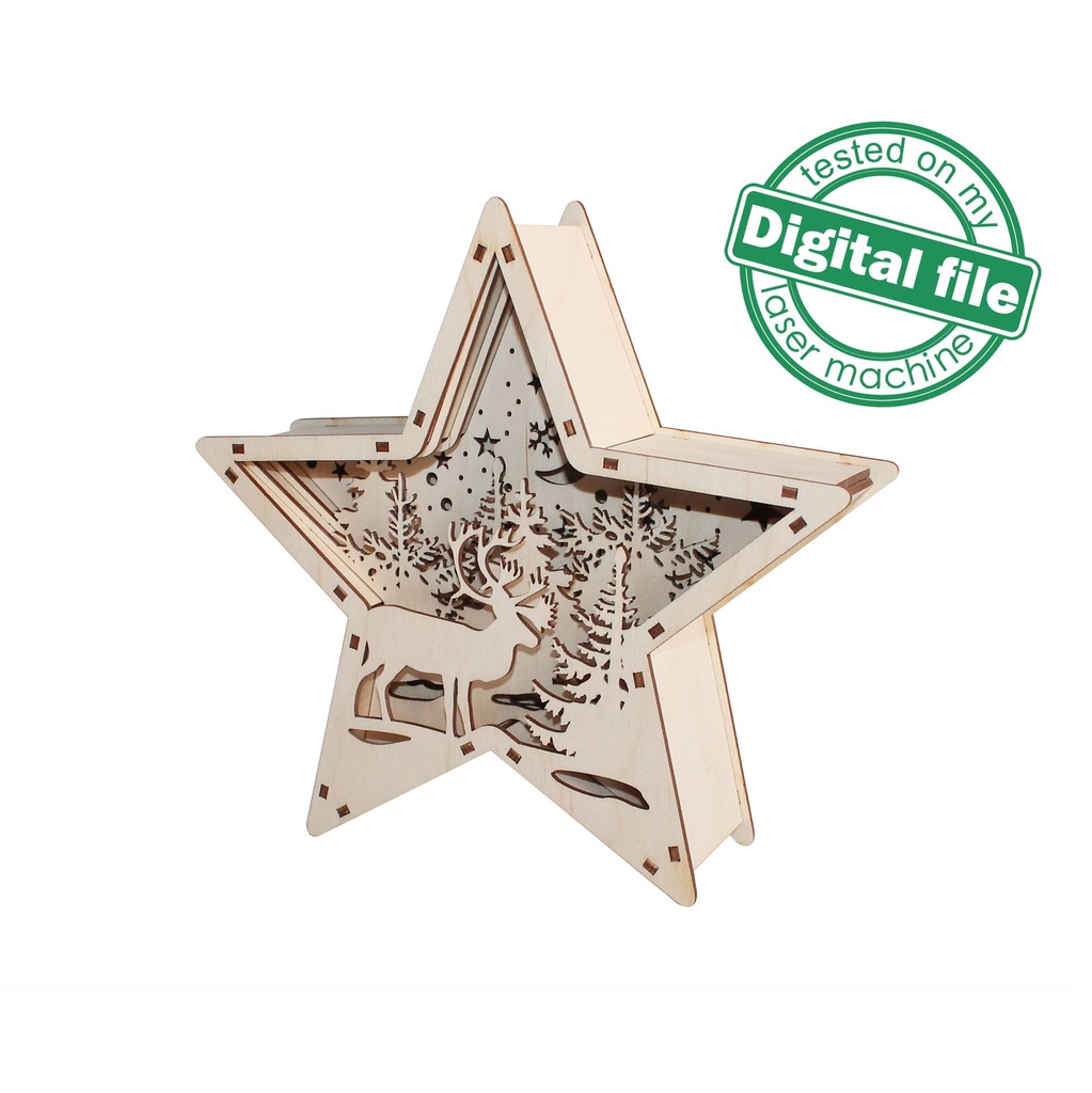 DXF, SVG files for laser Winter Wonderland Deer Star Shadow Box, Light-up Ornament, Glowforge, Material thickness 1/8 inch (3.2 mm)