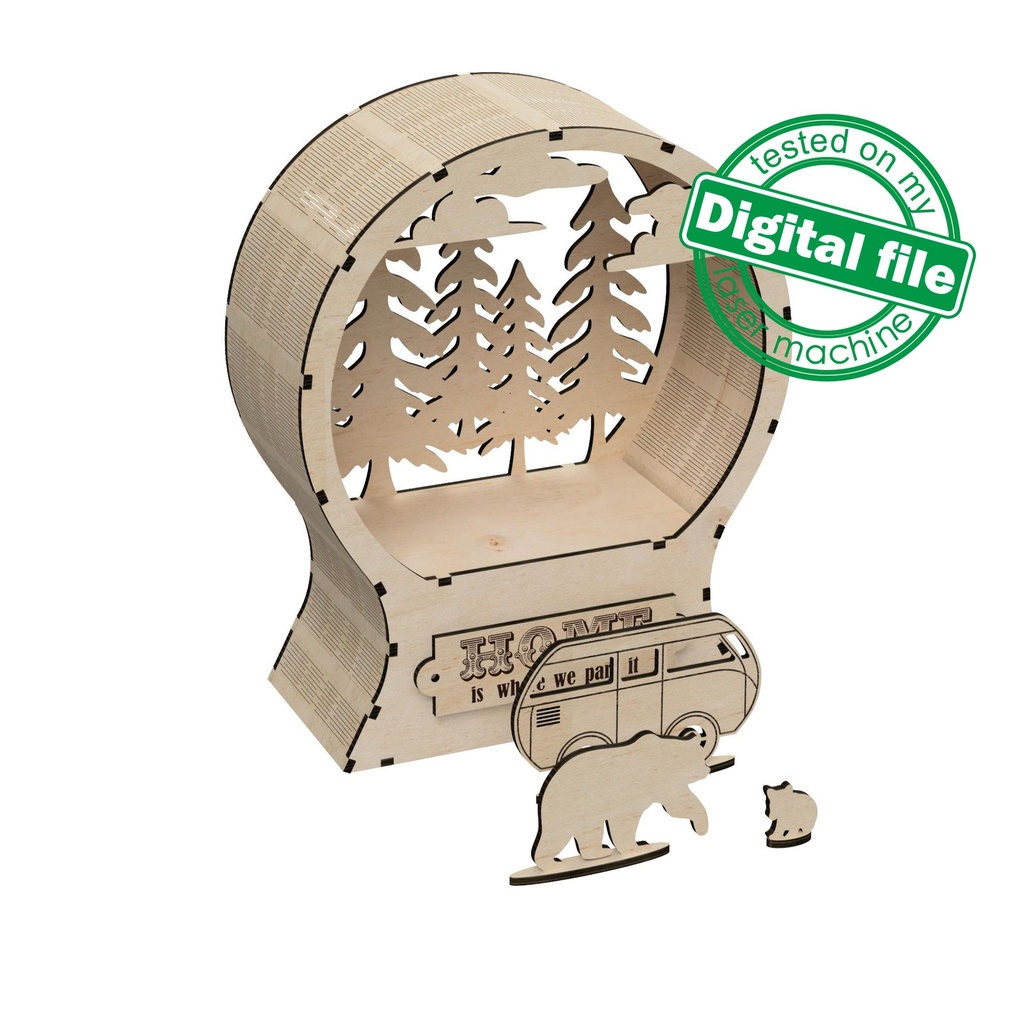 DXF, SVG files for laser Wooden Snow Globe with a camper van, Forest, Tiny Bear, 3D Ornament, Home is where we park it, Material 1/8''(3 mm)