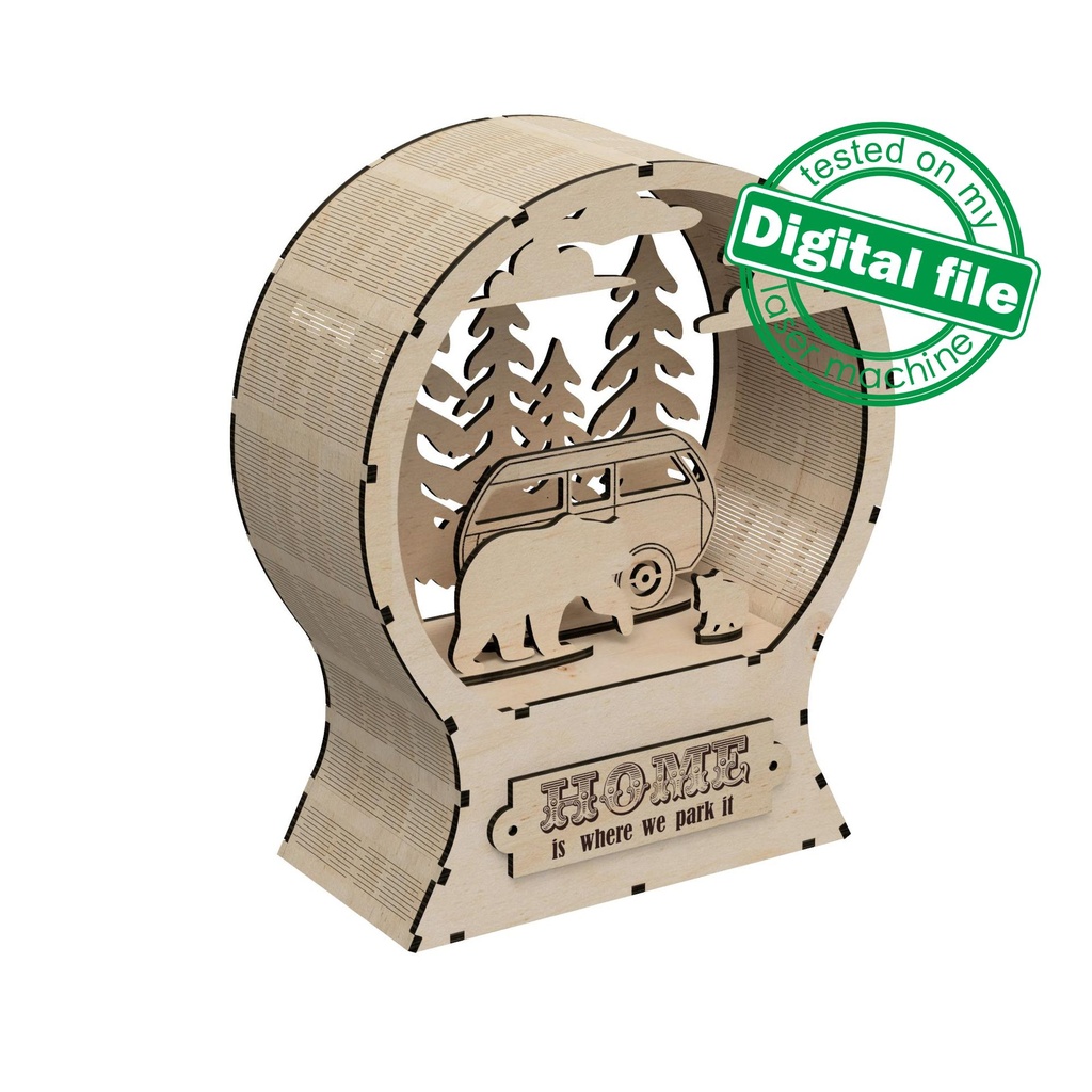 DXF, SVG files for laser Wooden Snow Globe with a camper van, Forest, Tiny Bear, 3D Ornament, Home is where we park it, Material 1/8''(3 mm)