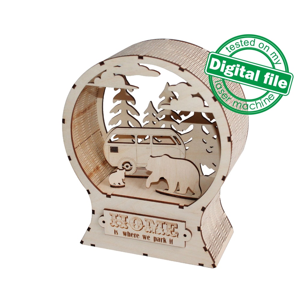 DXF, SVG files for laser Wooden Snow Globe with a camper van, Forest, Tiny Bear, 3D Ornament, Home is where we park it, Material 1/8''(3 mm)