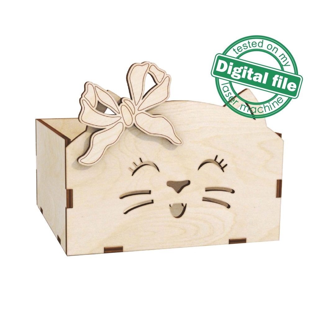 DXF, SVG files for laser Wooden box Cat with bow, Crochet Storage Box, Knitting Yarn Box, Easter decor, Decoration idea, Plywood or MDF 3 mm