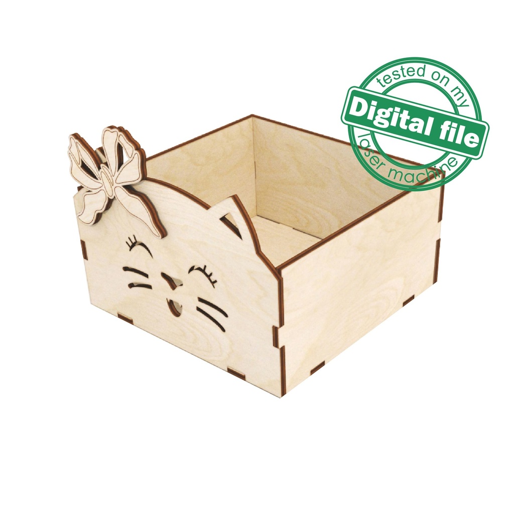 DXF, SVG files for laser Wooden box Cat with bow, Crochet Storage Box, Knitting Yarn Box, Easter decor, Decoration idea, Plywood or MDF 3 mm