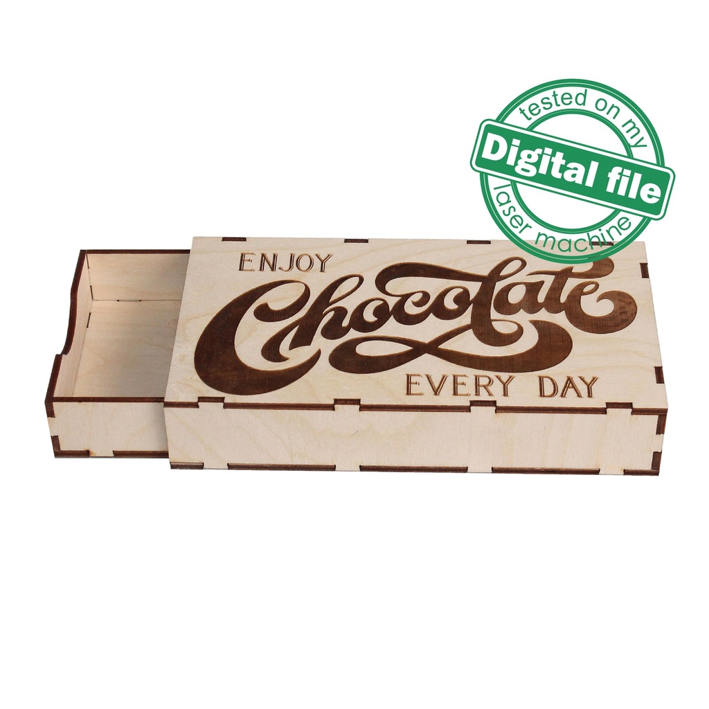 DXF, SVG files for laser Wooden box gift box Enjoy Chocolate every day, Engraving, calligraphic inscription, Glowforge, Plywood or MDF 3 mm