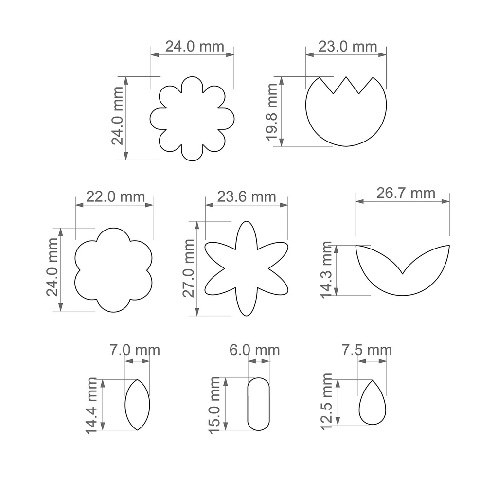 Floral Combo #6, Tulip, Flower, Leaf and drop, Digital STL File For 3D Printing, Polymer Clay Cutter, Micro Cutter, 8 different designs