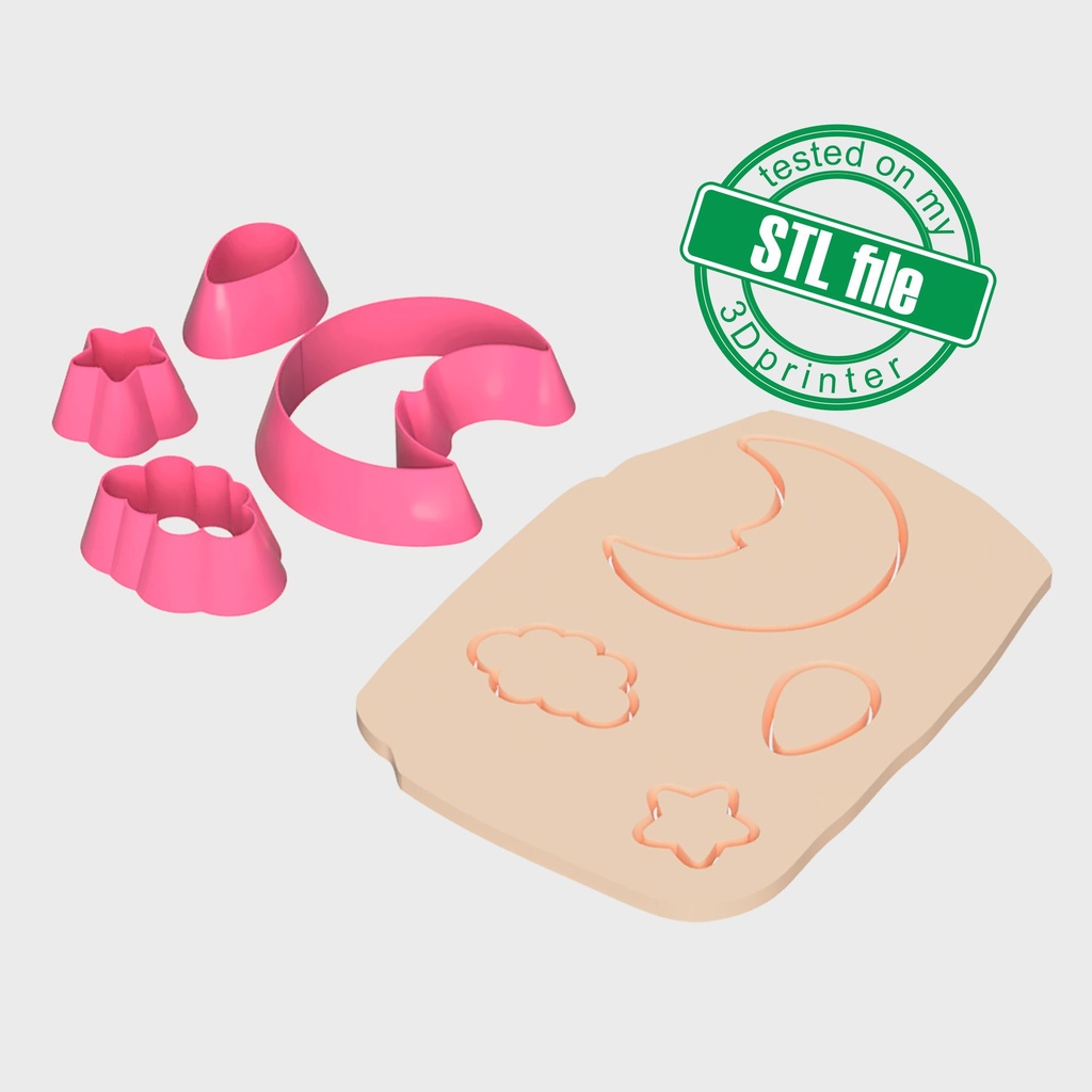 General Combo # 1, Bundle Moon, Star, Cloud, Drop, Digital STL File For 3D Printing, Polymer Clay Cutter, Earrings, 4 different designs