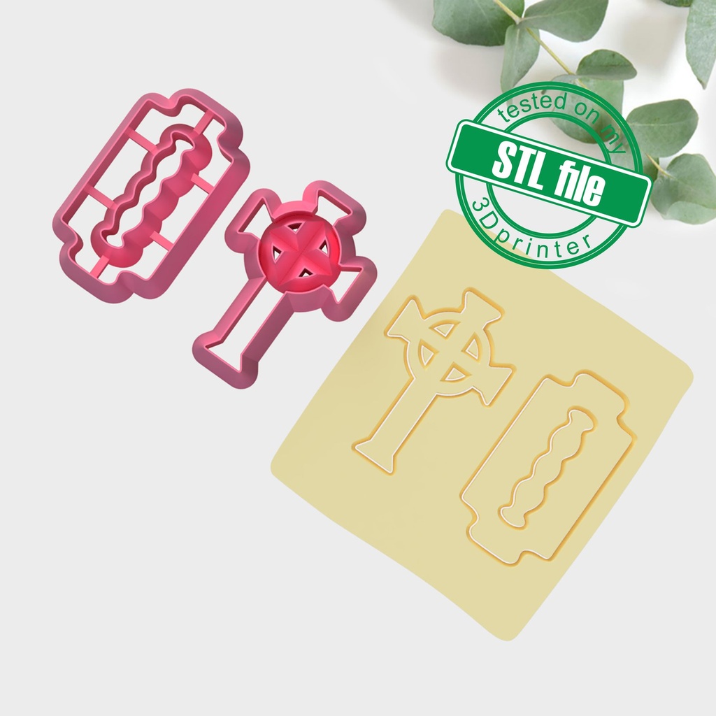 General Combo #2, Cross and Razor blade, Digital STL File For 3D Printing, Polymer Clay Cutter, Earrings, 2 different designs