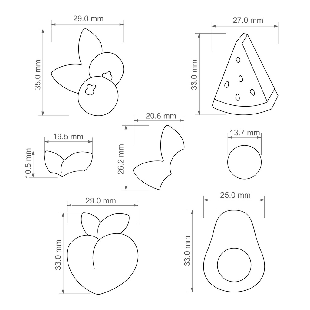 General Combo #4, Bundle Summertime, Summer time, blueberry, watermelon,avocado,peach, Digital STL File For 3D Printing, Polymer Clay Cutter