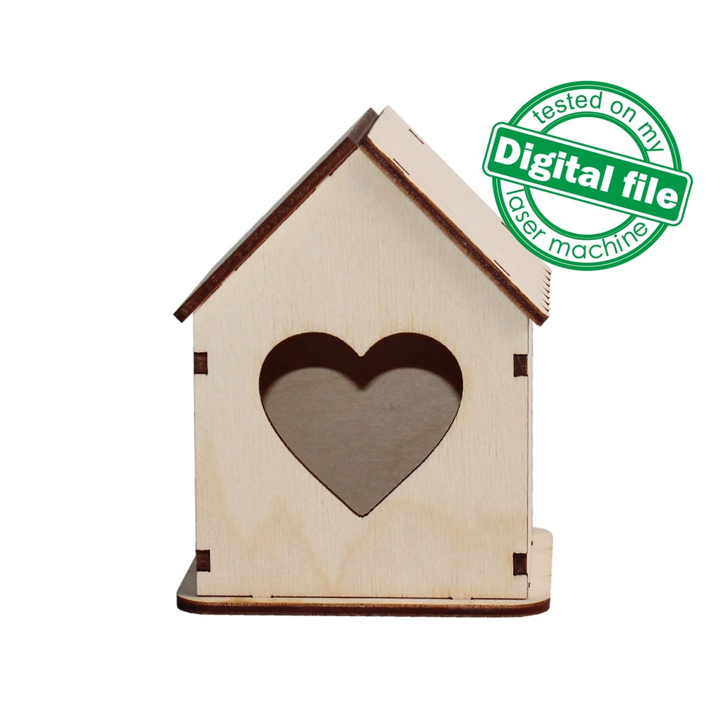 DXF, SVG files for laser decorative tiny Birdhouse with heart, Vector project, Glowforge ready, Material thickness 1/8 inch (3.2 mm)
