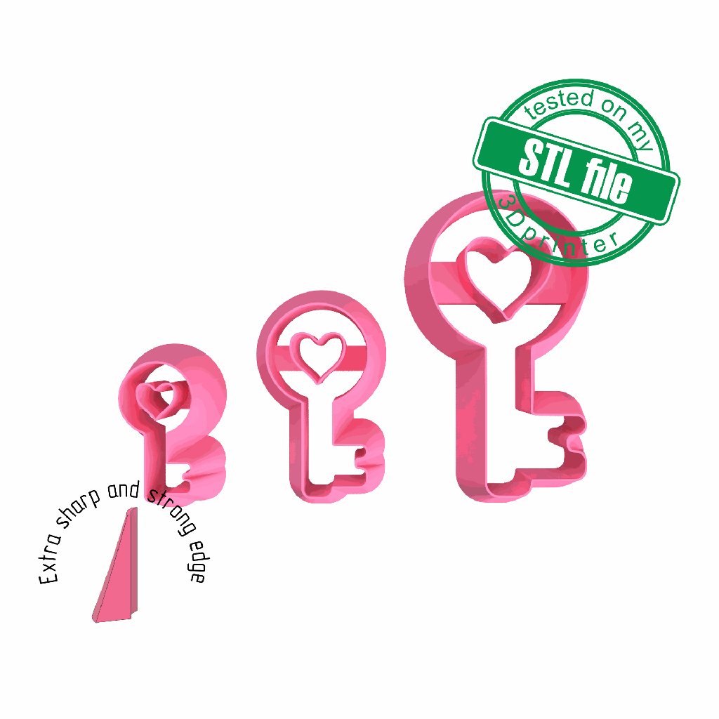 Heart key #1, St valentine's, Love, 3 Sizes, Digital STL File For 3D Printing, Polymer Clay Cutter, Earrings, Cookie, sharp, strong edge