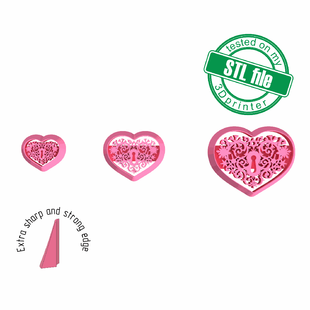 Heart with keyhole, Love, St valentine's, 3 Sizes, Digital STL File For 3D Printing,Polymer Clay Cutter,Earrings, Cookie, sharp, strong edge