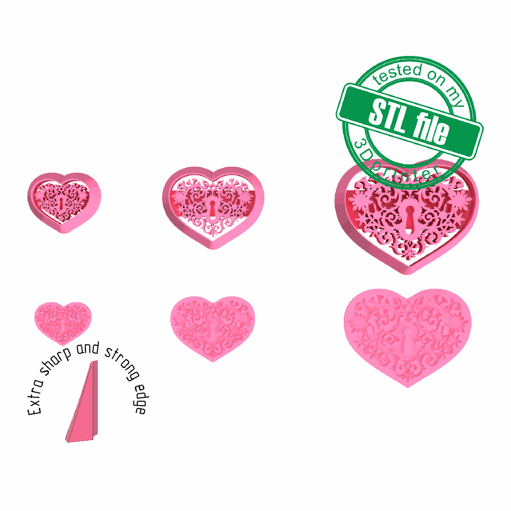 Heart with keyhole, Love, St valentine's, 3 Sizes, Digital STL File For 3D Printing,Polymer Clay Cutter,Earrings, Cookie, sharp, strong edge