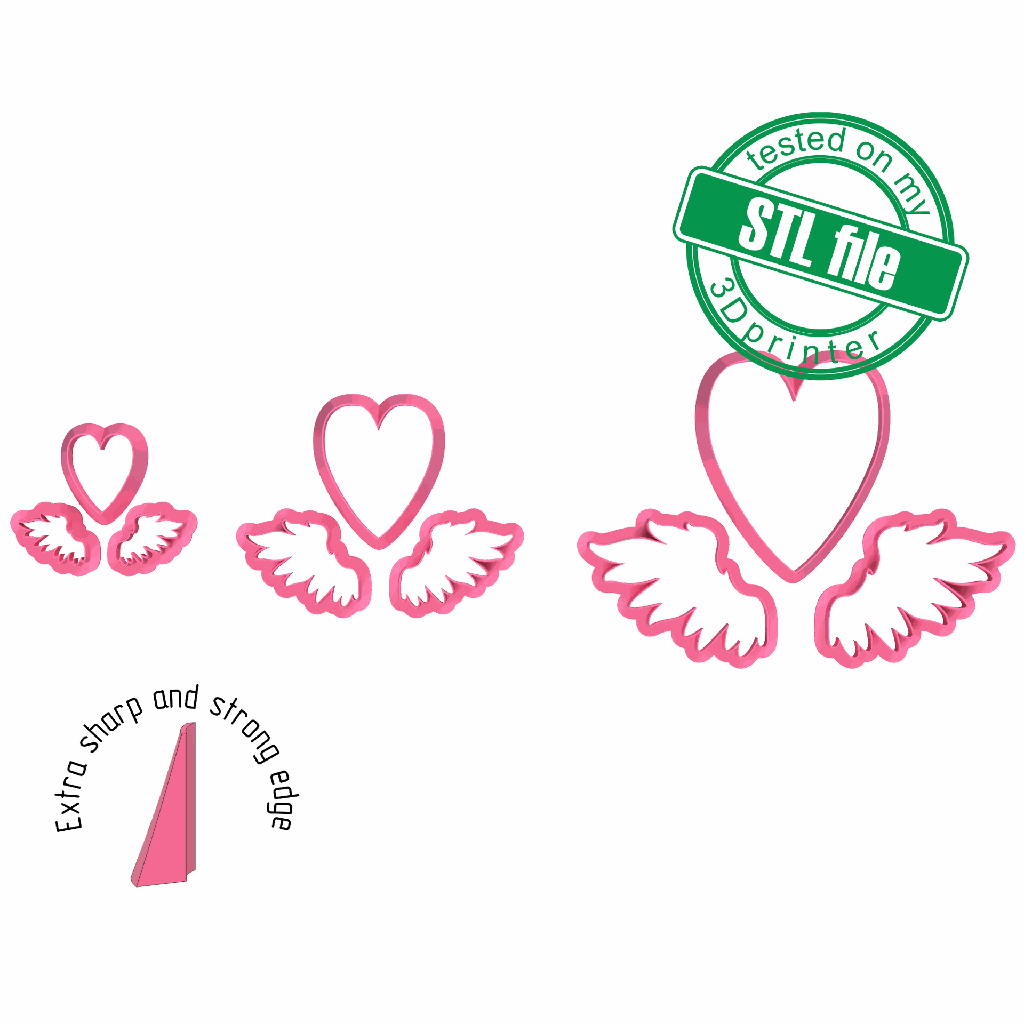 Heart with wings, Love, St valentine's, 3 Sizes, Digital STL File For 3D Printing, Polymer Clay Cutter, Earrings, Cookie, sharp, strong edge