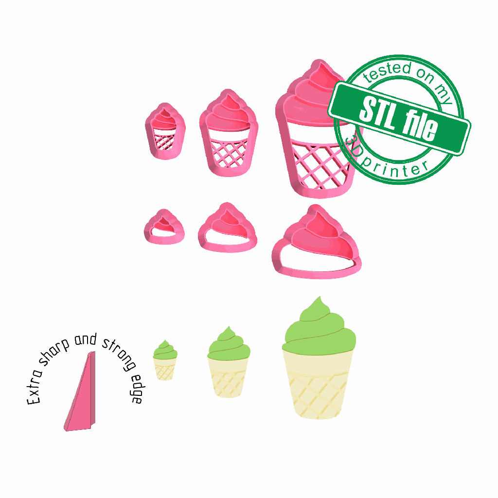 Ice cream2, Summer Time collection, 3 Sizes, Digital STL File For 3D Printing, Polymer Clay Cutter,Studs, Earrings,Cookie,sharp, strong edge