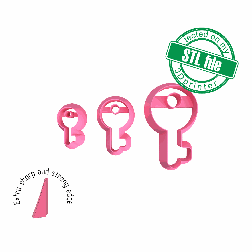 Key, 3 Sizes, Digital STL File For 3D Printing, Polymer Clay Cutter, Earrings, Cookie, sharp, strong edge