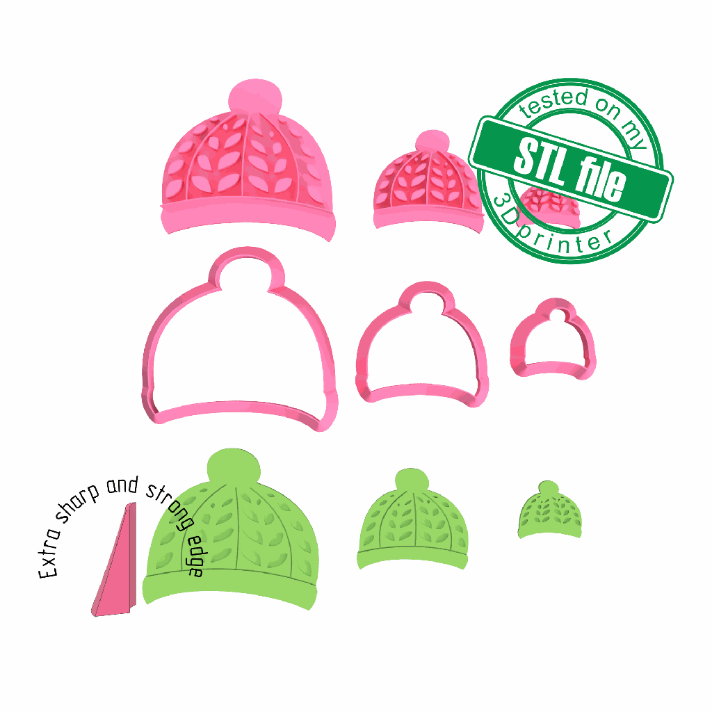 Knitted hat, Beanie, Winter, Christmas, New Year, 3 Sizes, Digital STL File For 3D Printing, Polymer Clay Cutter, Earrings, Cookie