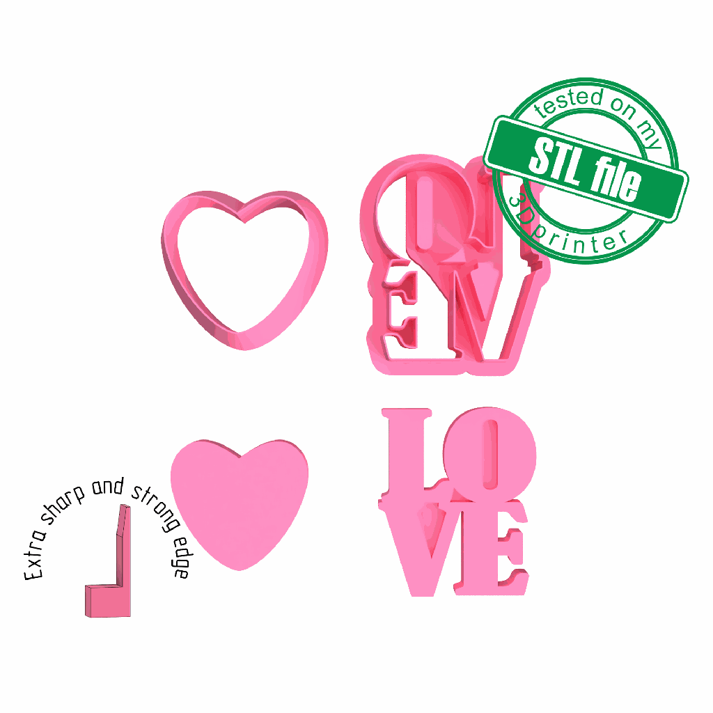 Love Combo # 11, Heart, lettering, St valentine's, Digital STL File For 3D Printing,Polymer Clay Cutter, Earrings,Cookie, sharp, strong edge