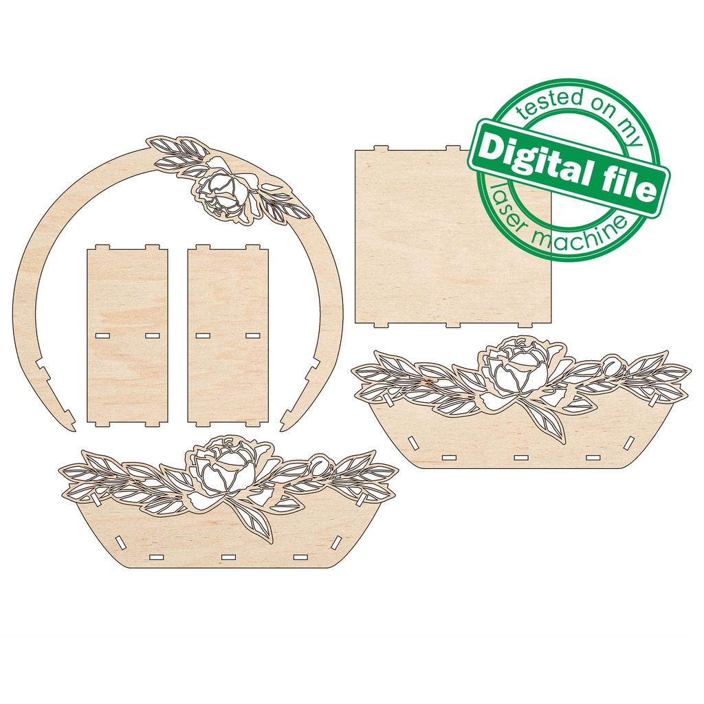 DXF, SVG files for laser Wedding gift basket with peonies, crate box caddy for wine, champagne, flowers, snacks, mr&mrs, Glowforge ready