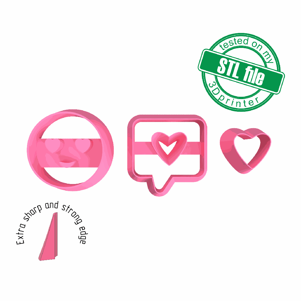 Love Combo # 12, Emoji Smile, Message, Heart, St valentine's, Digital STL File, Polymer Clay Cutter, Earrings, Cookie, sharp, strong edge