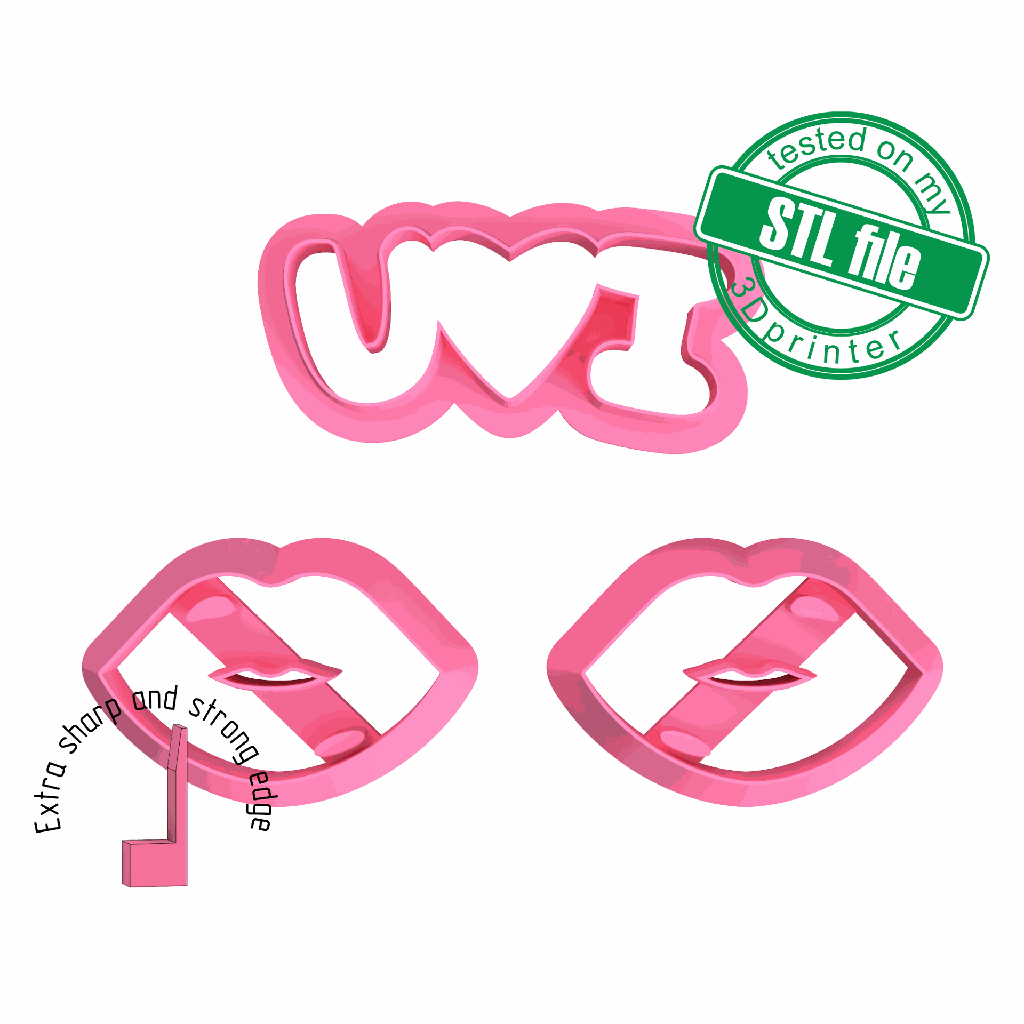 Love Combo # 14, Lips, I love You, St valentine's, Digital STL File for 3D Printing, Polymer Clay Cutter,Earrings,Cookie, sharp, strong edge