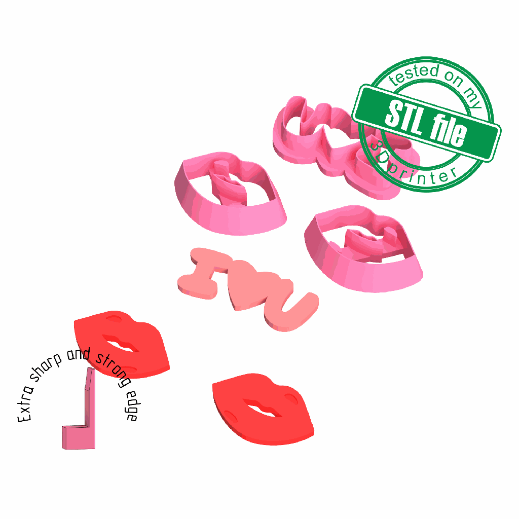Love Combo # 14, Lips, I love You, St valentine's, Digital STL File for 3D Printing, Polymer Clay Cutter,Earrings,Cookie, sharp, strong edge