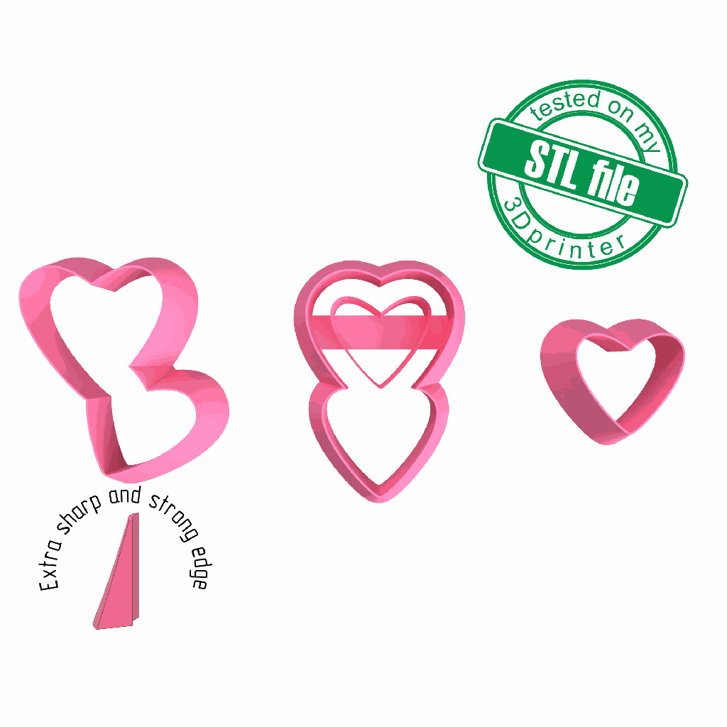 Love Combo # 17, Double Heart, St valentine's, Digital STL File for 3D printing, Polymer Clay Cutter, Earrings, Cookie, sharp, strong edge