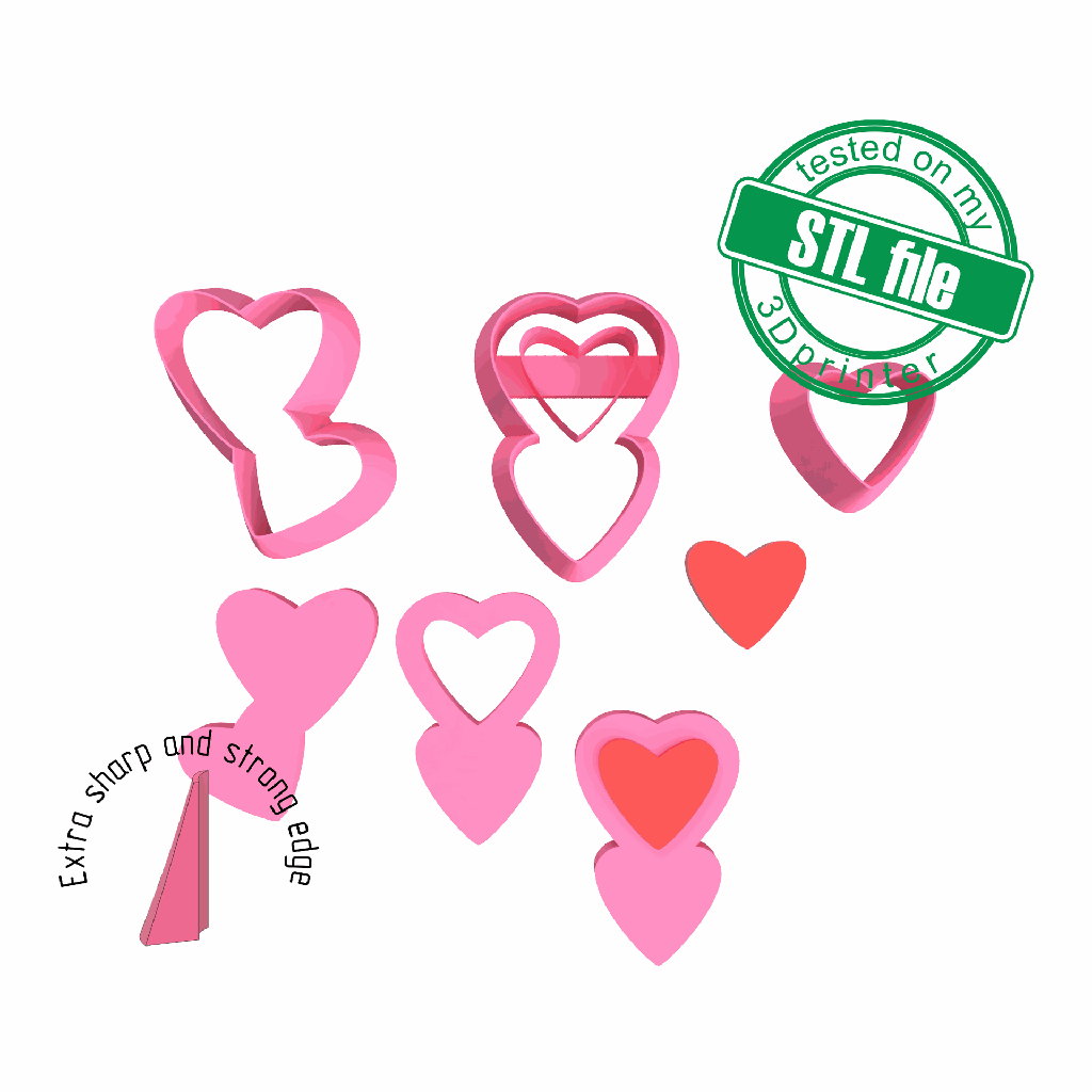 Love Combo # 17, Double Heart, St valentine's, Digital STL File for 3D printing, Polymer Clay Cutter, Earrings, Cookie, sharp, strong edge