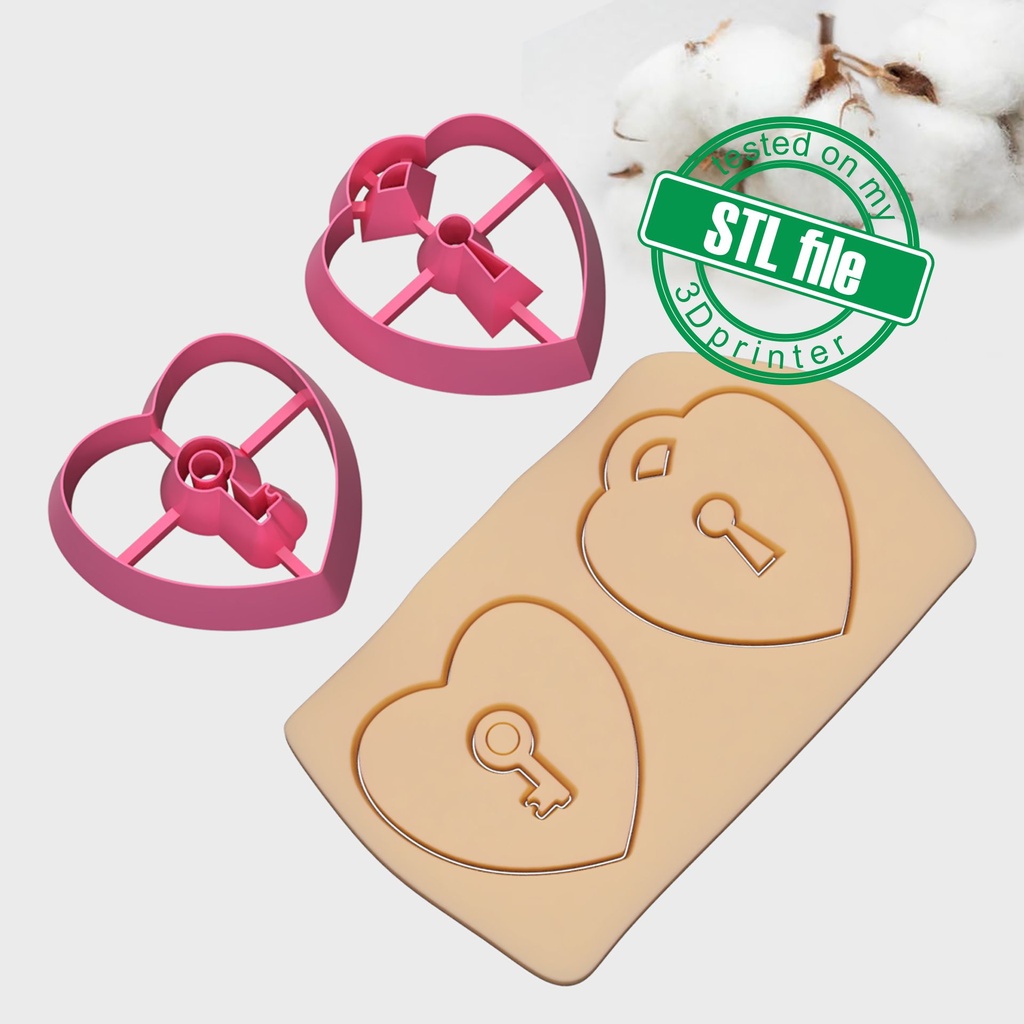 Love Combo #2, Heart Lock and Heart Key, Digital STL File For 3D Printing, Polymer Clay Cutter, Earrings, 2 different designs
