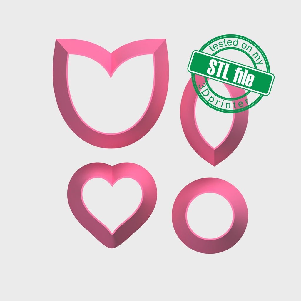 Love Combo #6, Tulip, Heart, Circle, Leaf, Digital STL File For 3D Printing, Polymer Clay Cutter, Earrings, 4 different designs