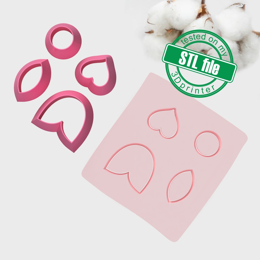 Love Combo #6, Tulip, Heart, Circle, Leaf, Digital STL File For 3D Printing, Polymer Clay Cutter, Earrings, 4 different designs