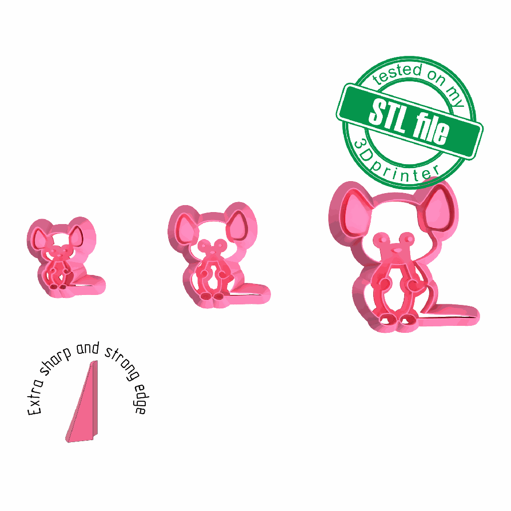 Mouse, cute pets collection, 3 Sizes, Digital STL File For 3D Printing, Polymer Clay Cutter, Earrings, Cookie, sharp, strong edge