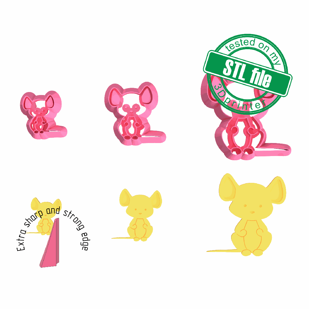 Mouse, cute pets collection, 3 Sizes, Digital STL File For 3D Printing, Polymer Clay Cutter, Earrings, Cookie, sharp, strong edge