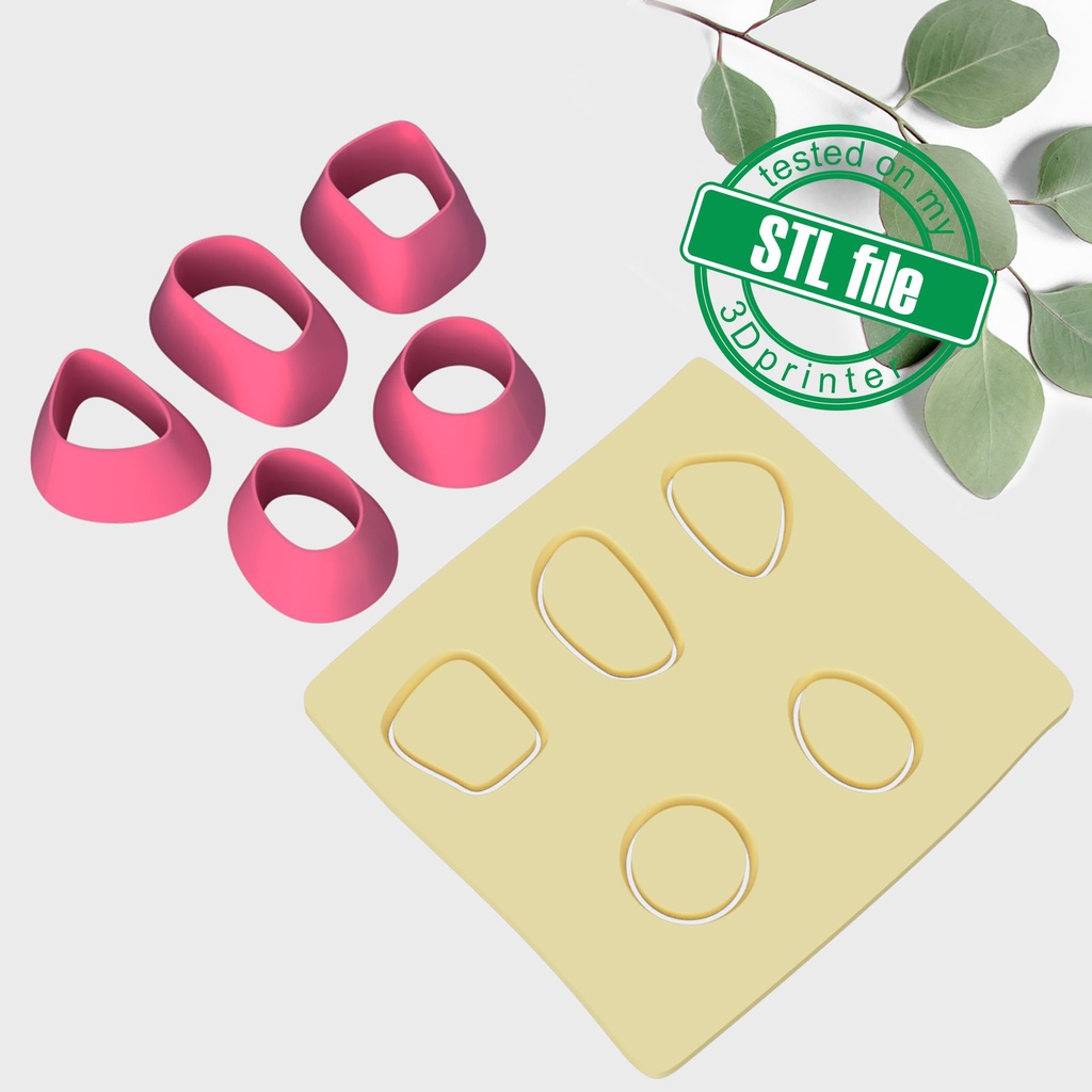 Organic Combo #20, Gemstone, Digital STL File For 3D Printing, Polymer Clay Cutter, Earrings, 5 different designs