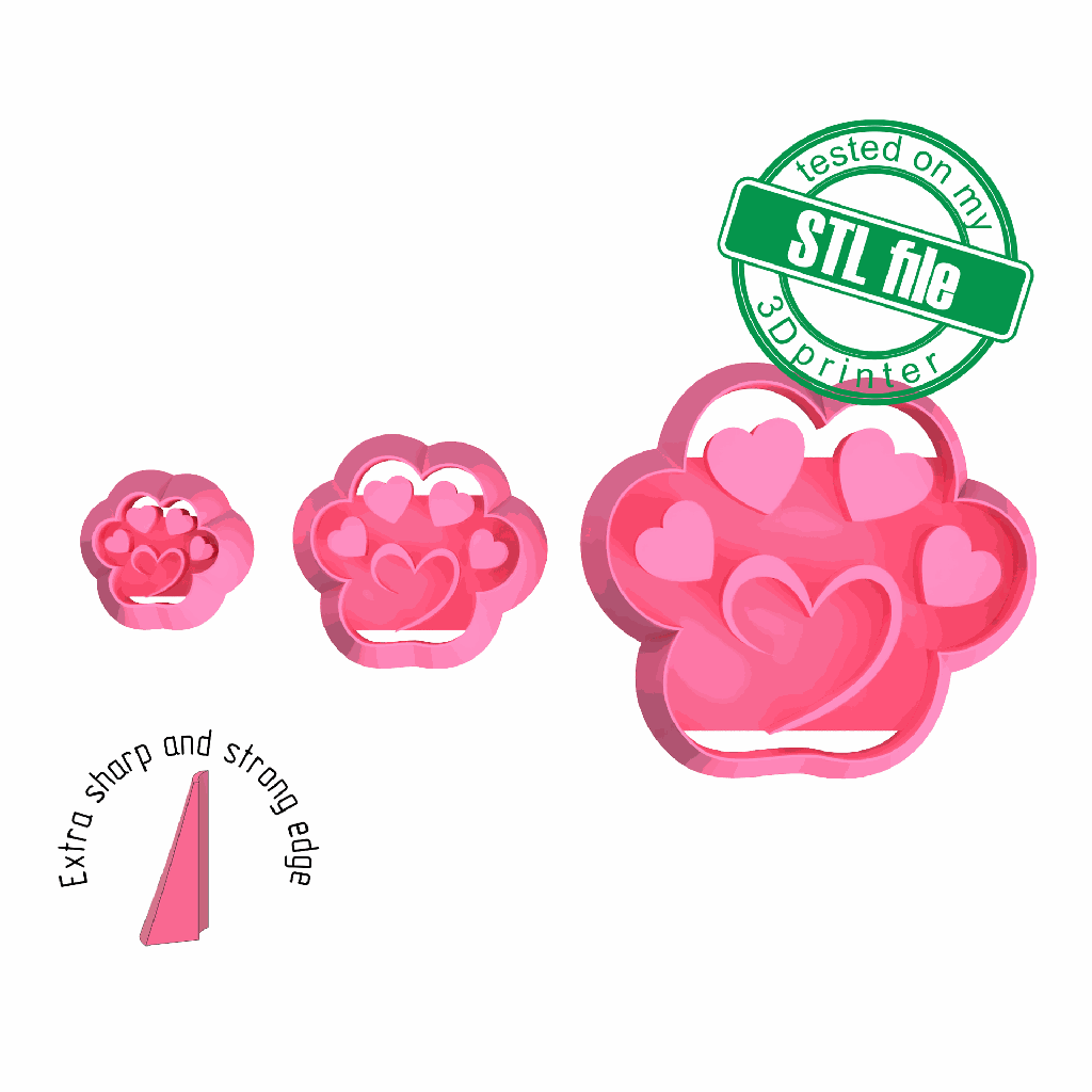 Pet Puppy Paw with Heart, Love, St valentine's, Digital STL File For 3D Printing, Polymer Clay Cutter, Earrings, Cookie, sharp, strong edge