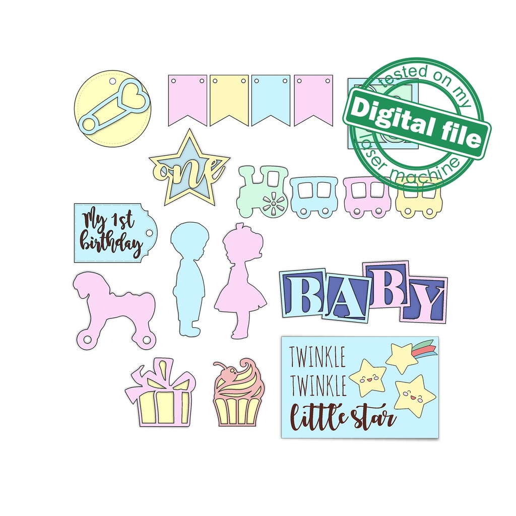 SVG, DXF Laser cut files My 1st Birthday tiered tray decor, Mega Bundle Sign Pack, Diy paint kit, Basket tags, Material thickness 3.2 mm