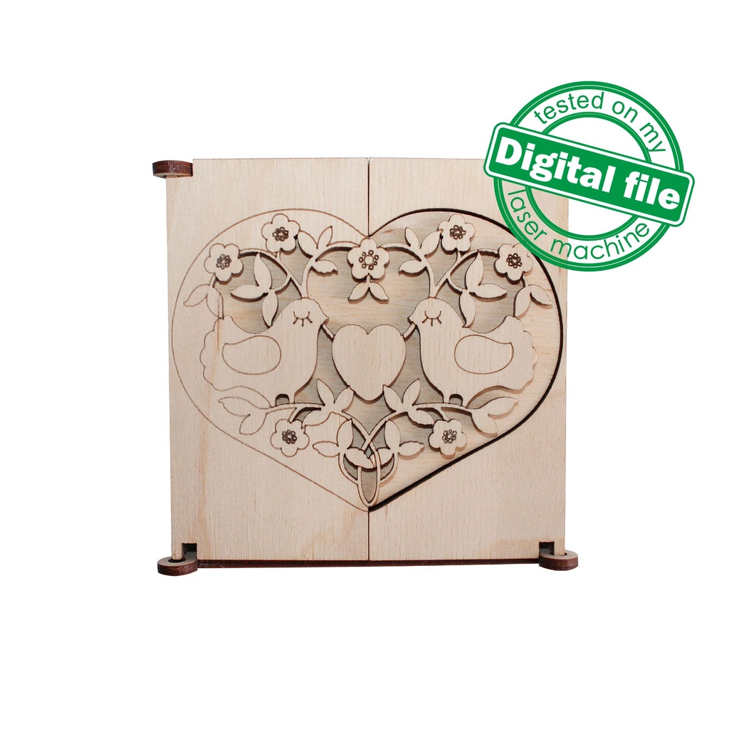 DXF, SVG files for laser St.Valentine's day, Wedding, 2 doves and flower heart, opening cover gift box Glowforge, Material 1/8 inch (3.2 mm)