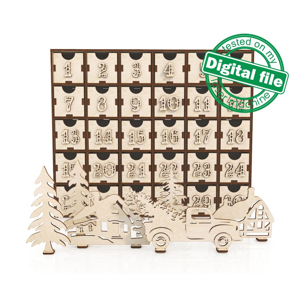 SVG, DXF laser cut files Advent calendar 24 or 30 days, Vintage retro truck, winter forest, village, Christmas decor, Material 3 mm (1/8'')