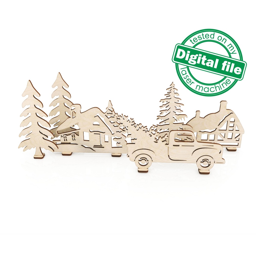 SVG, DXF laser cut files Advent calendar 24 or 30 days, Vintage retro truck, winter forest, village, Christmas decor, Material 3 mm (1/8'')