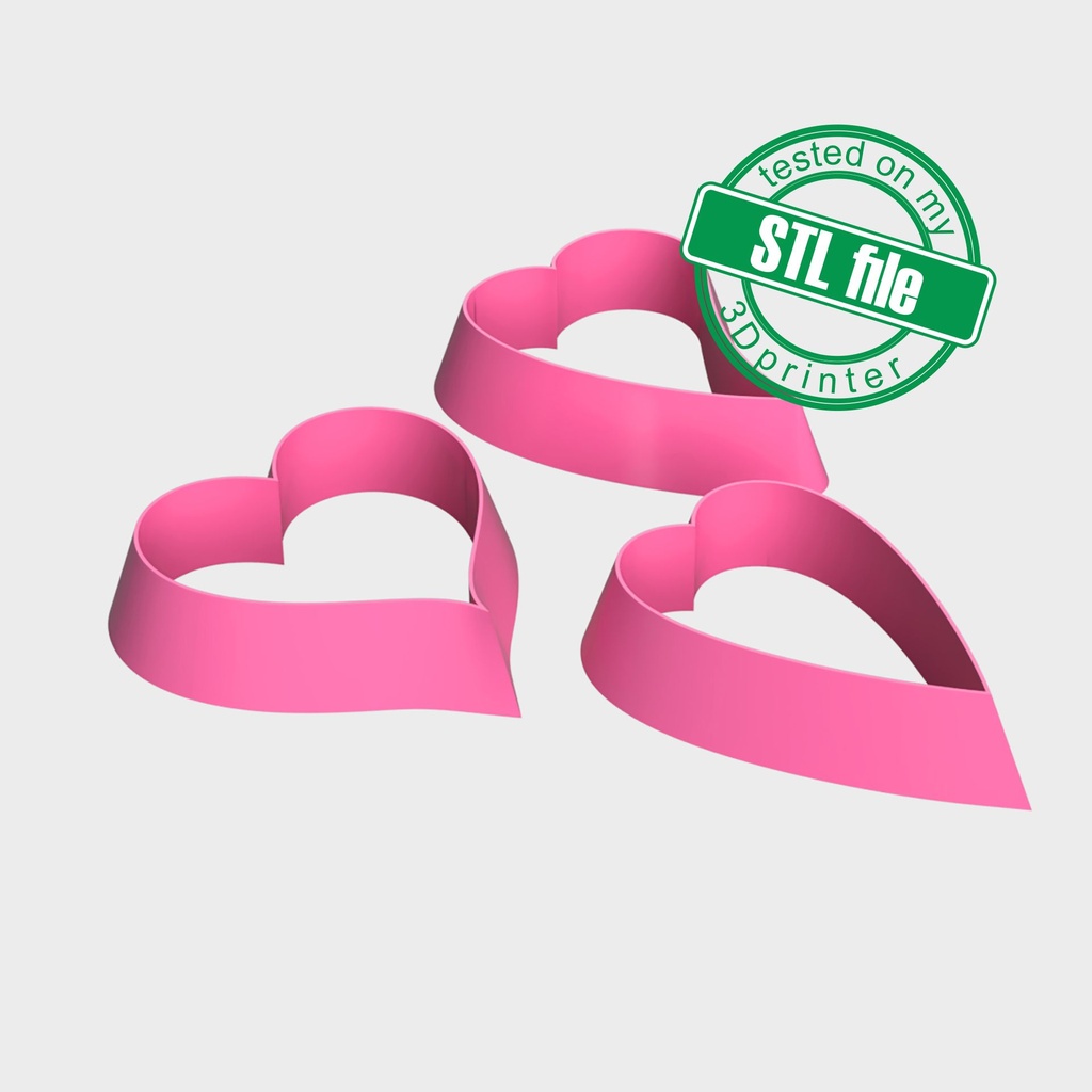 Valentine Combo # 5, Curved, Stylized, Abstract Heart, Digital STL File For 3D Printing, Polymer Clay Cutter, Earrings, 3 different designs