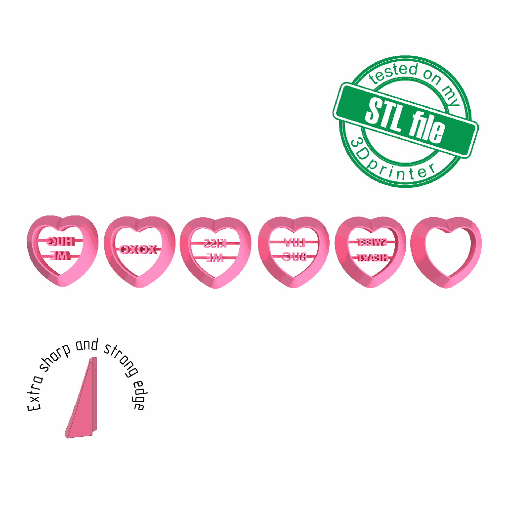 Valentine Heart stamps, Conversation #2, 6 designs, Digital STL File For 3D Printing, Polymer Clay Cutter, Earrings,Cookie,sharp,strong edge