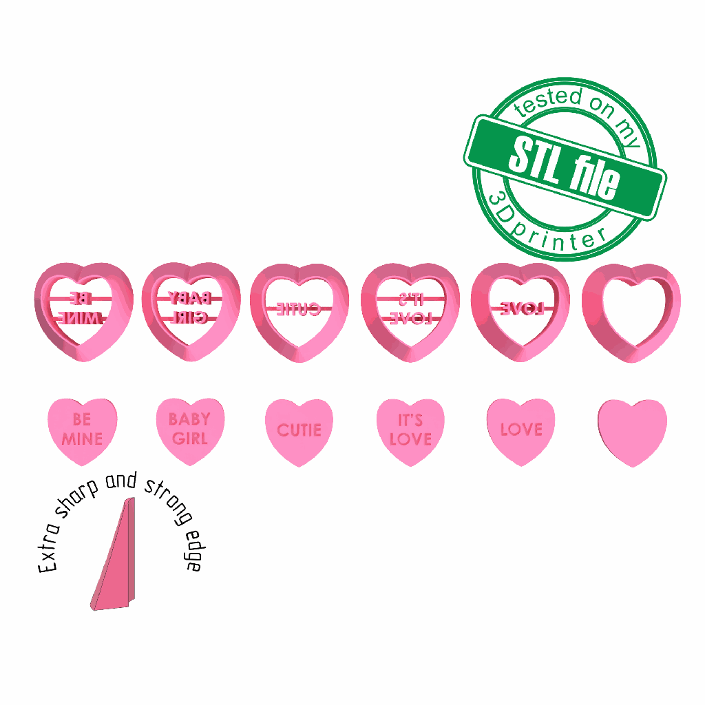 Valentine Heart stamps, Conversation #3, 6 designs, Digital STL File For 3D Printing, Polymer Clay Cutter, Earrings,Cookie,sharp,strong edge