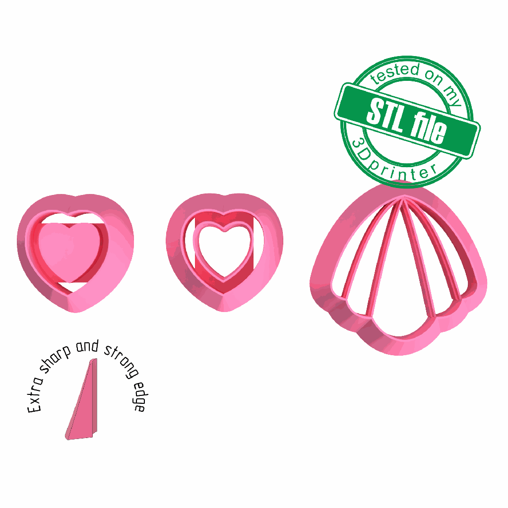 Scallop Dangle earrings with Heart, Digital STL File For 3D Printing, Polymer Clay Cutter, Cookie, sharp, strong edge