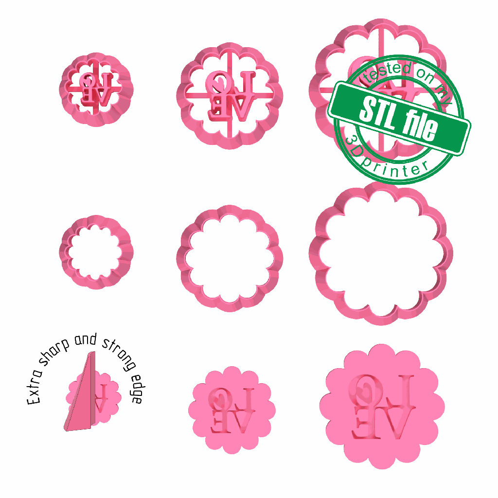 Scalloped circle, Love, St valentine's, Wedding, 3 Sizes, Digital STL File For 3D Printing, Polymer Clay Cutter, Earrings,Cookie,strong edge