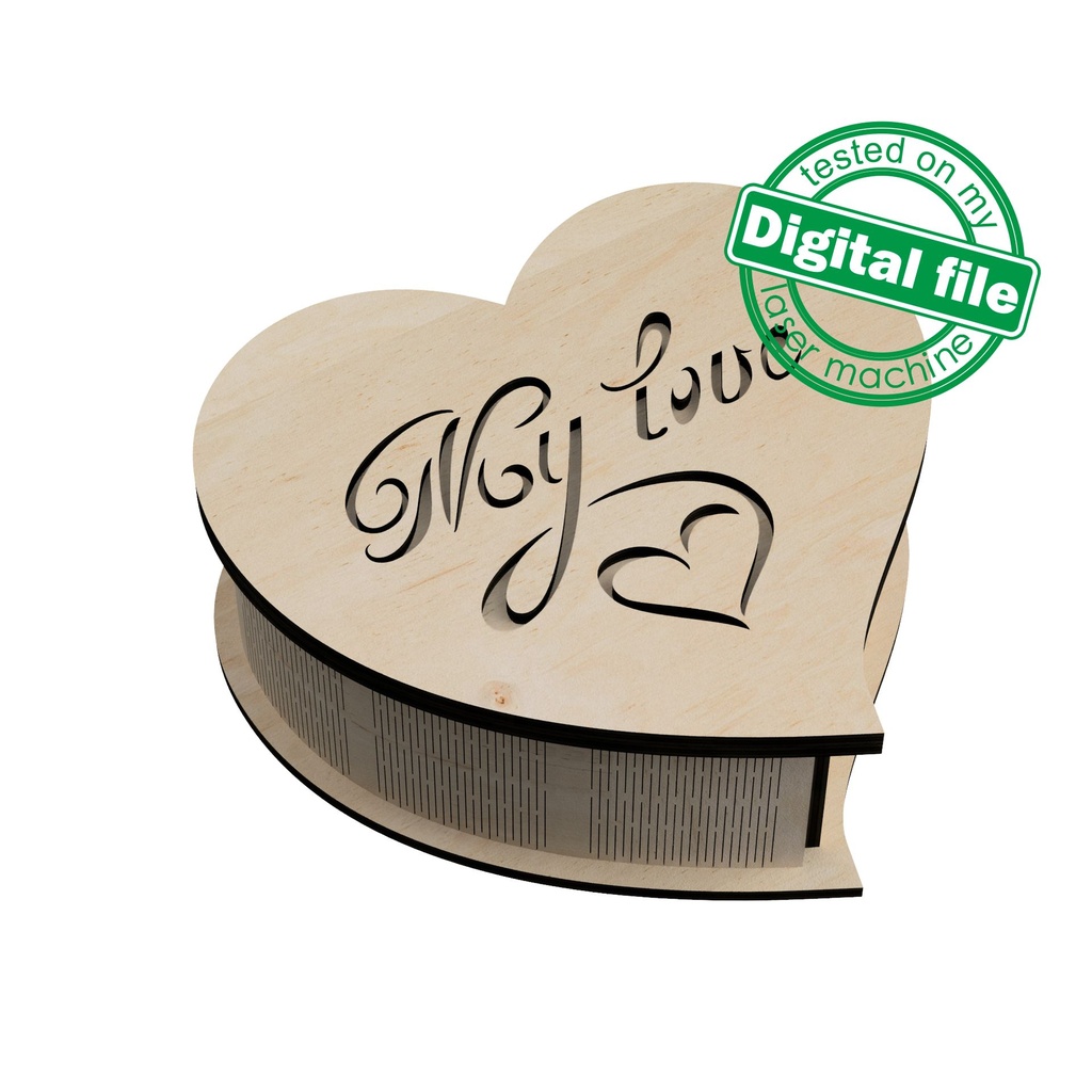 DXF, SVG files for laser Box My love, Graceful Heart, Wedding engagement ring box, Flexible Plywood, Material thickness 3.2 mm (1/8 inch)