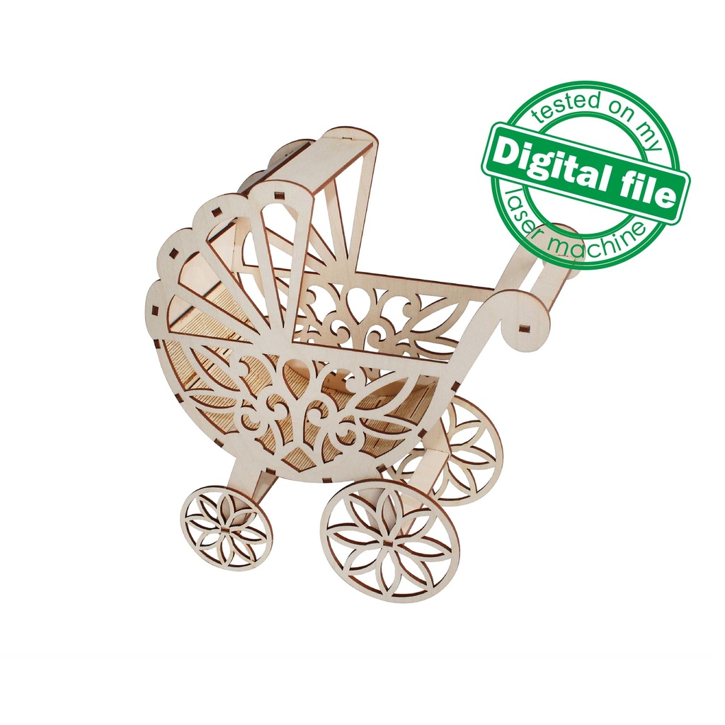 DXF, SVG files for laser Miniature baby doll carriage stroller, gift box, Baby Shower, Storage Box, Glowforge, Material 1/8'' (3.2 mm)