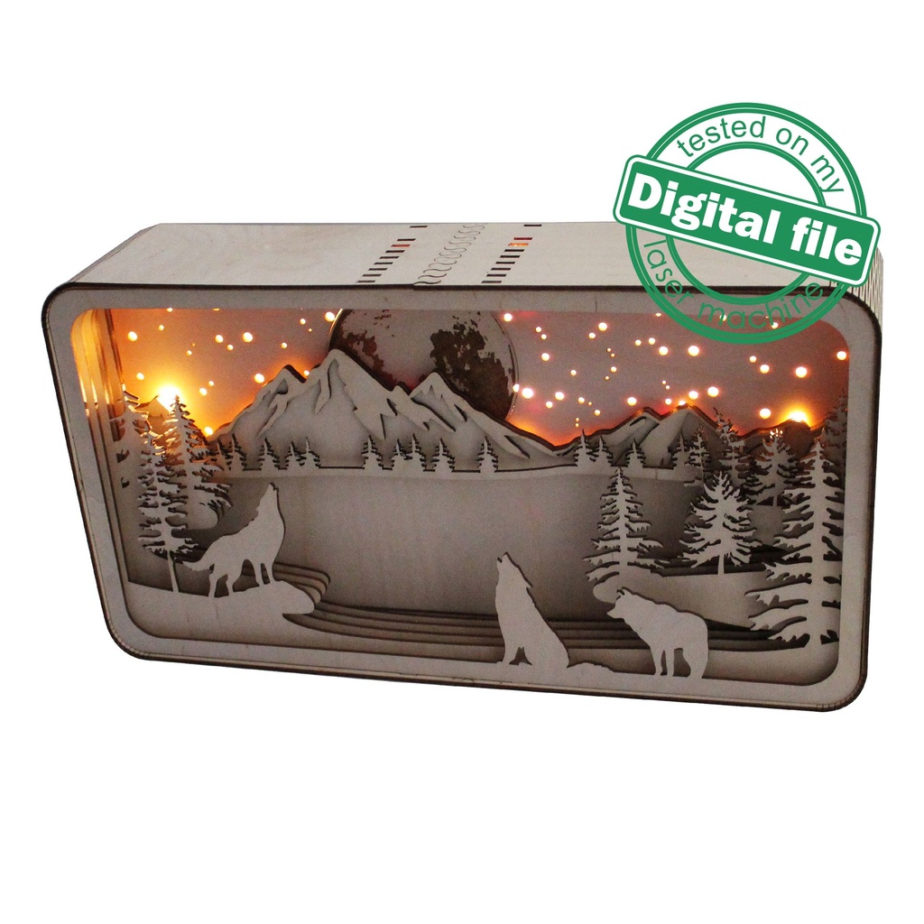 DXF, SVG files for laser Shadow Box Three Howling Wolves, Lake ...